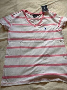 NWT Polo Ralph Lauren Cotton Vneck Tshirt - Pink Stripe - S